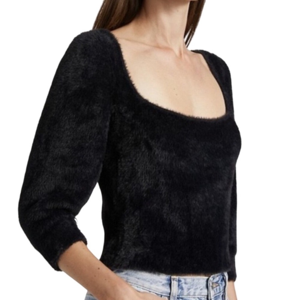 Free People Moonbeam Black Fuzzy Square Neck Sweater XS Eyelash Knit Long Sleeve